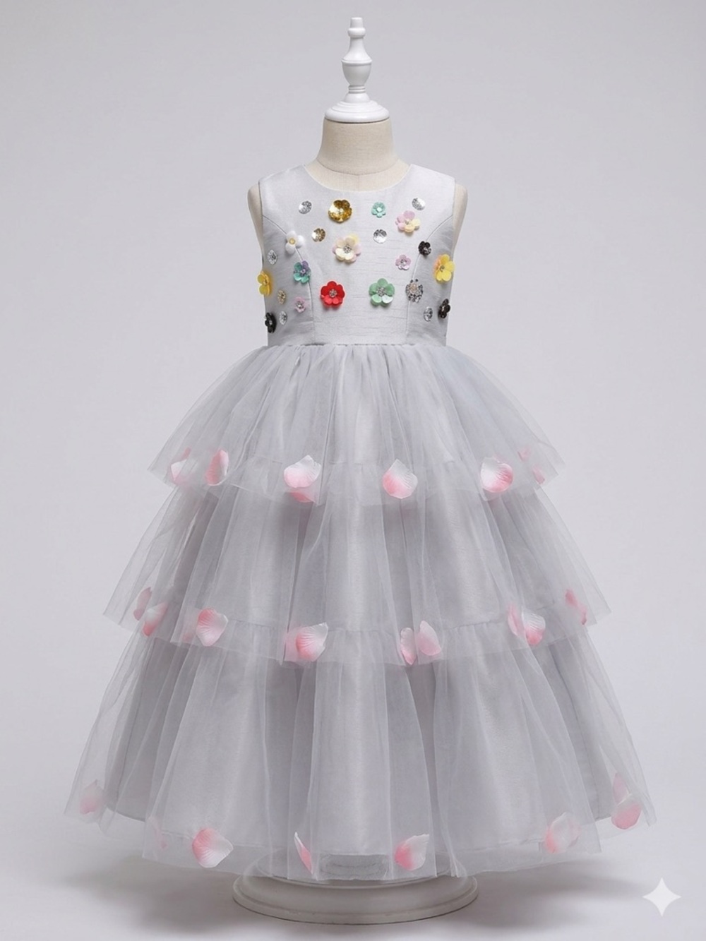 Grey Tulle Flower Appliqué Girls Formal Dress ptp16’’